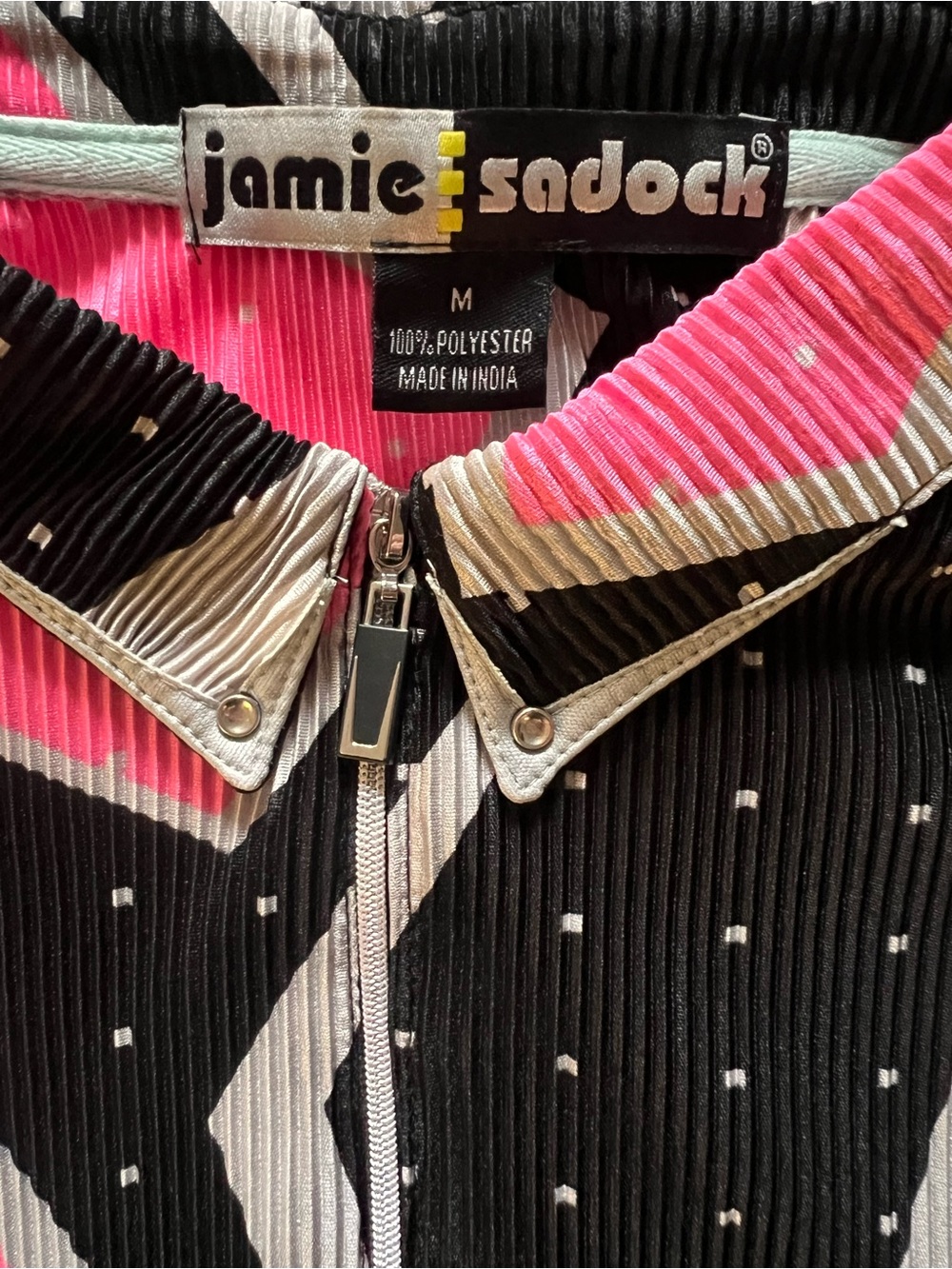 Jamie Sadock Collared 1/4 Zip Sleeveless Pink Black Crinkle Top - Size Medium - Picture 3 of 5